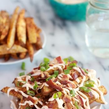 Double-Baked Fries with Garlic Cheese Sauce and Bacon