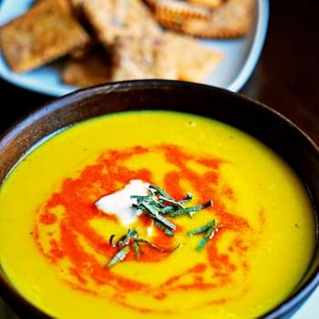 Butternut Squash Soup with Roasted Red Pepper Drizzle and Sage
