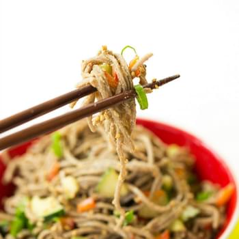 Soba Noodle Salad With Red Peppers, Cucumbers And Carrots,