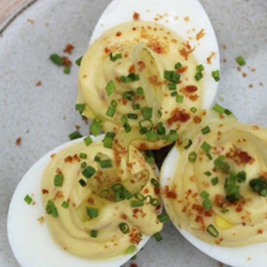 Deviled Eggs with Country Ham and Pickled Celery