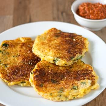 Summer Corn Fritters with Roasted Pepper Romesco Sauce