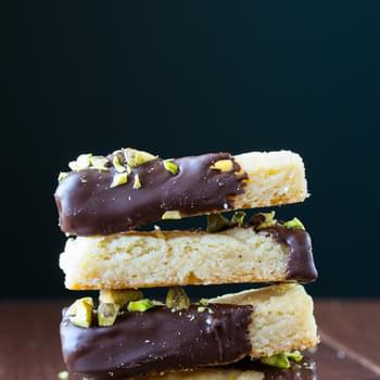 Chocolate-Dipped Cardamom Shortbread with Salted Pistachios