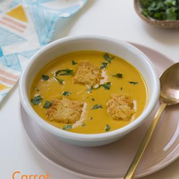 Carrot Curry Coconut Soup with Fried Rice Croutons