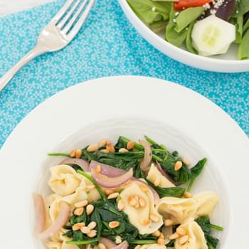 Tortellini with Spinach, Onion, and Pine Nuts