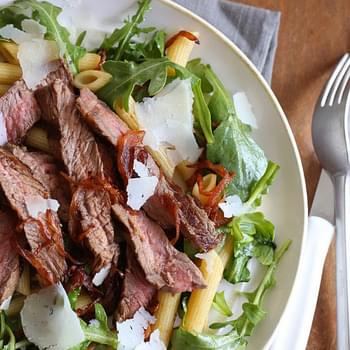 Steak & Caramelized Onions with Arugula and Quinoa Penne