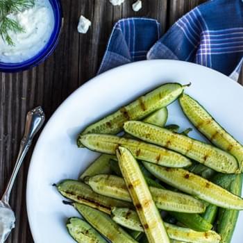 Grilled Cucumbers with Creamy Pickled Feta Dip