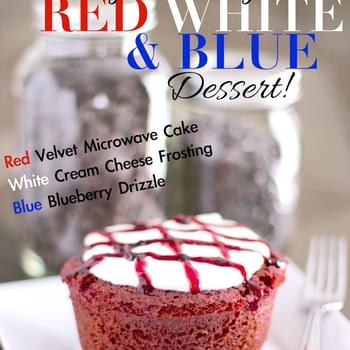 Healthy Single-Serving Red Velvet Microwave Cake with White Cream Cheese Frosting and Blue Blueberry Drizzle