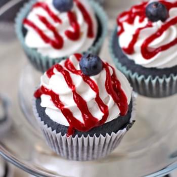 Blue Velvet Cupcakes with White Coconut Yogurt Frosting and Strawberry Syrup Drizzle