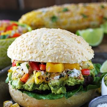 Guacamole Burgers with Roasted Corn & Mango Red Pepper Salsa