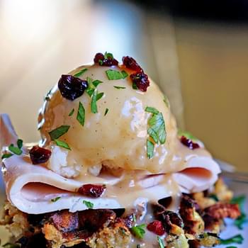 Cranberry Pecan Stuffed Waffles with Turkey Mashed Potatoes and Gravy