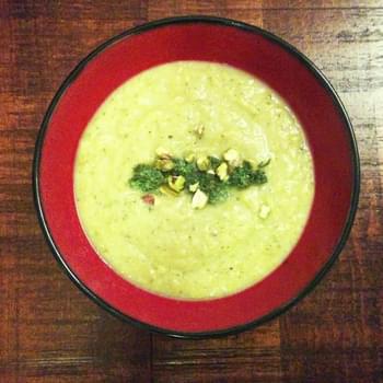 Summer Squash Bisque with Carrot Top Pesto and Pistachios
