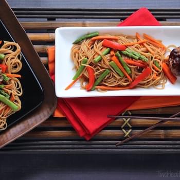 Hoisin-Glazed Mini Meatloaf “Muffins” Over Asian Noodles and Vegetables