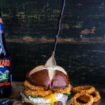 Chili Style Sweet Potato Black Bean Burgers w/Baked Cheddar Beer Onion Rings + Fried Eggs.