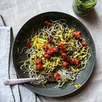 Soba Noodles With Roasted Zucchini, Cherry Tomatoes + Swiss Chard Pesto