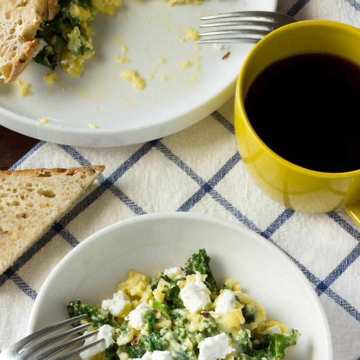Scrambled Eggs with Goat Cheese, Greek Yogurt & Greens Recipe
