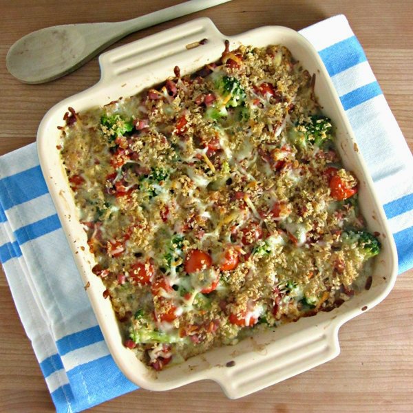 Blue Cheese Broccoli & Tomato Gratin with Prosciutto Recipe