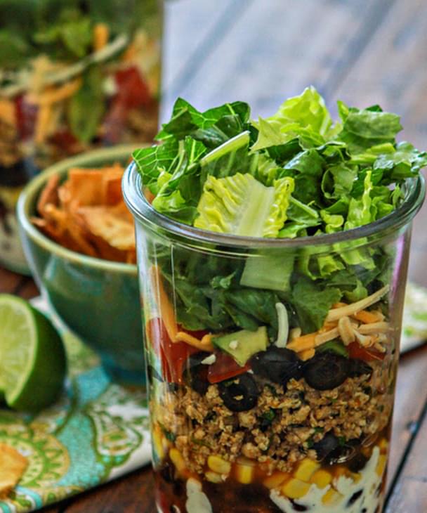 Layered Ground Chicken Taco Salad In A Jar