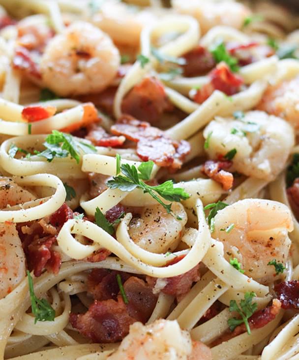 Shrimp And Bacon Pasta Carbonara Recipe