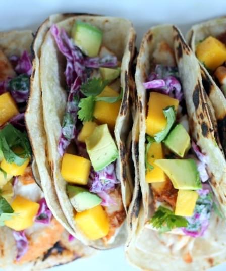 Grilled Chili Lime Fish Tacos With Sour Cream Cabbage Slaw Mango Avocado Recipe