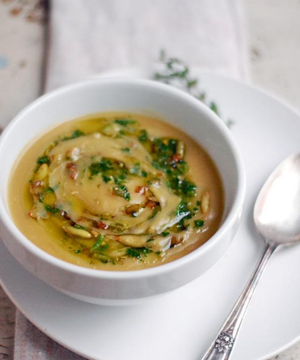 Potage Parmentier or Potato Leek Soup with Toasted Pepitas and Herbs Recipe