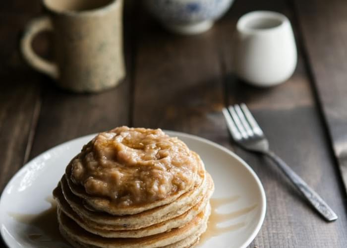Hazelnut Pancakes with Roasted Rhubarb Cardamom Compote