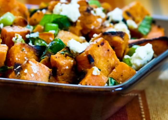 Grilled Sweet Potato Salad with Green Onion, Basil, Thyme, and Feta