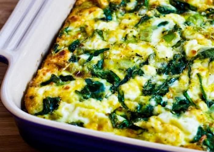 Breakfast Casserole with Spinach, Leeks, Cottage Cheese, and Goat Cheese