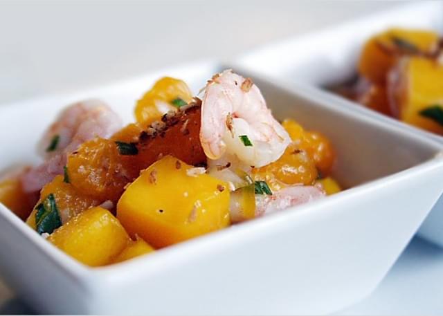 Tropical Fruit Salad with Baby Shrimps and Toasted Coconut
