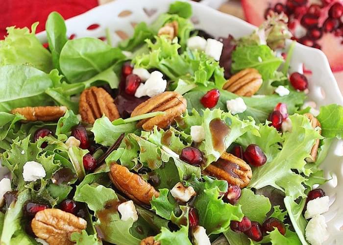 Mixed Green Salad with Pomegranate Seeds, Feta and Pecans