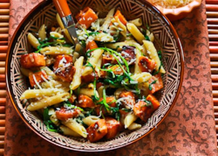 Easy Penne Pasta with Balsamic Sweet Potatoes, Baby Arugula (or Spinach), and Parmesan