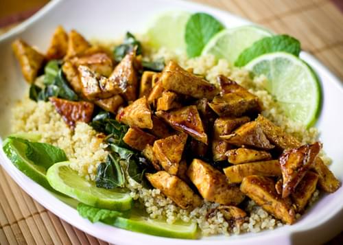 Sweet Chili Lime Tofu with Wok Steamed Collards and Quinoa