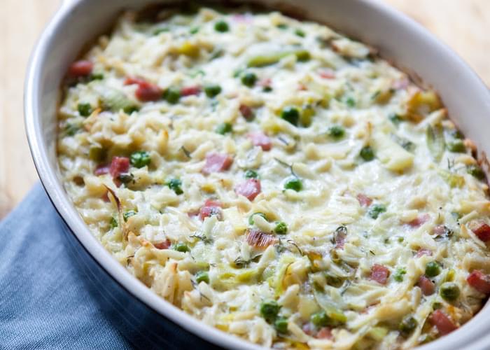 Creamy Baked Orzo with Ham, Peas and Leeks