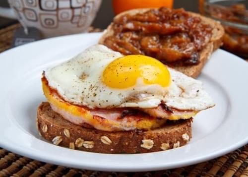 Peameal Bacon Breakfast Sandwich with Maple Caramelized Onions and a Fried Egg