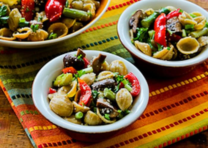 Whole Wheat Orecchiette Pasta Salad Recipe with Roasted Asparagus, Red Bell Pepper, and Mushrooms